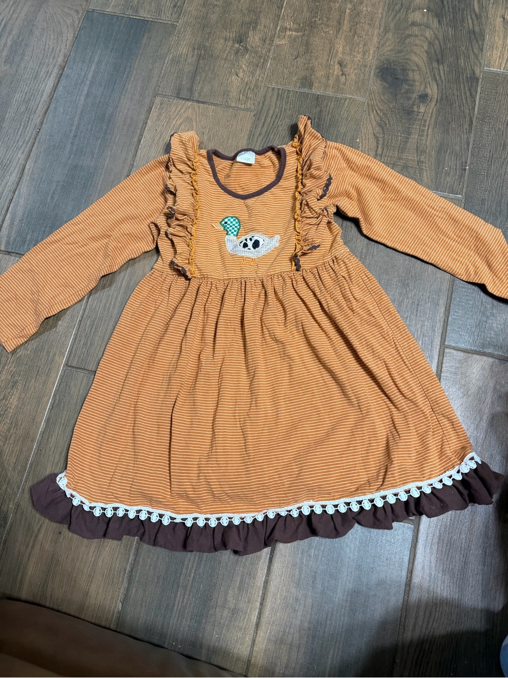 Girls' Rust Orange Long-Sleeve Ruffle Dress with Duck Appliqué